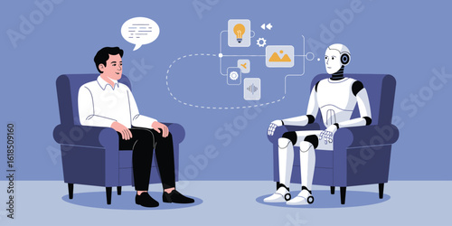 Man talking with a humanoid AI robot. Vector illustration
