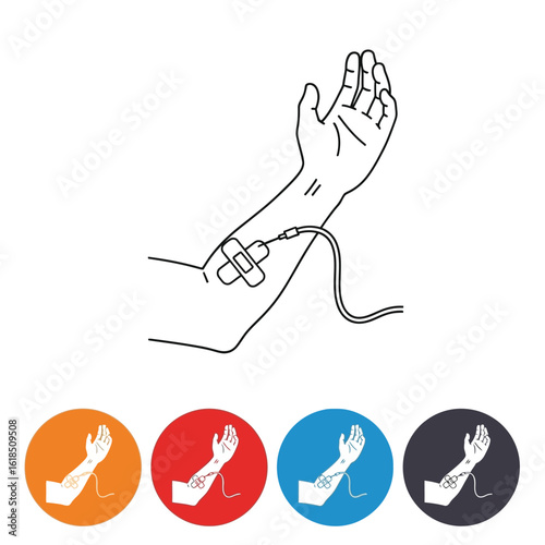 Vector illustration of a blood donation process showing an arm with an iv drip connected for medical treatment