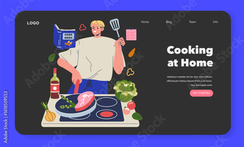 Cooking at Home with Cookbook and Fresh Ingredients