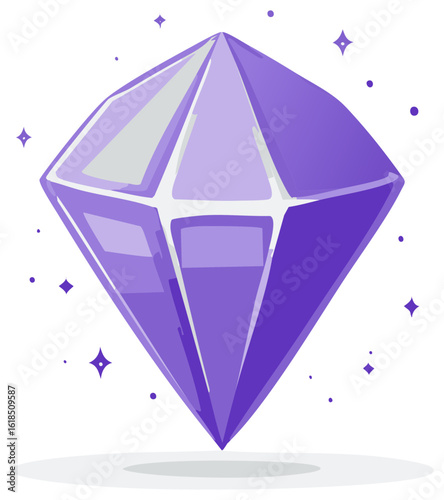 Glamorous purple diamond icon with sparkles, faceted gem stone jewel design, shiny precious mineral vector illustration