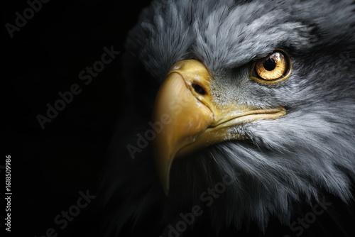 This close-up image captures the majestic head of a bald eagle, showcasing its sharp beak, piercing eyes, and distinctive white feathers.