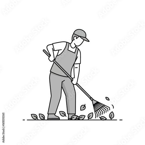 Vector illustration of a gardener raking leaves in the yard during the autumn season for cleanup and maintenance