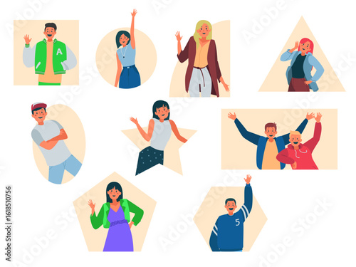 people neighbor happy smiling positive man woman neighbor set people neighbor different shaped frame stay home keep social human communication
