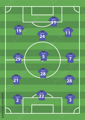 Football strategy and tactics board showing a modern 3-4-3 player formation with a starting lineup on a green pitch