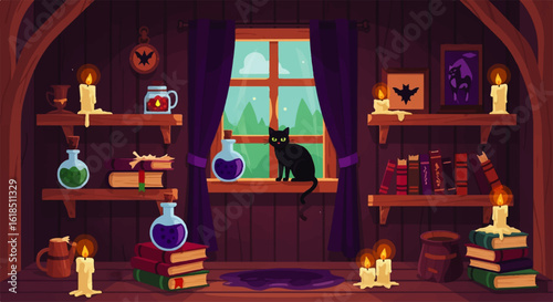 Mysterious witchs study interior with a black cat on a windowsill magic potions spellbooks and glowing candles.
