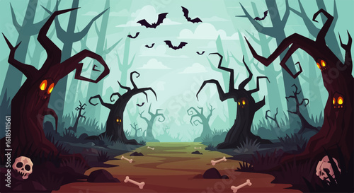 Spooky Halloween Forest with Skull Trees Bats and Scattered Bones.