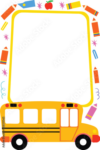 Back to School Portrait & Vertical Poster Template. Cartoon School Bus Vector Frame