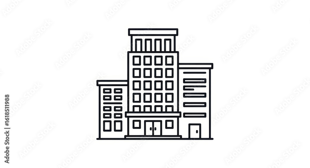 Obraz premium Outline illustration of modern city buildings with detailed windows and doors, showcasing urban life