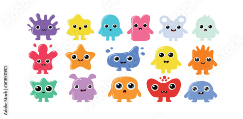 Cute monster icons, colorful cartoon creatures with playful shapes and funny faces for kids character collection illustration fantasy emotion graphic mascot design symbol

