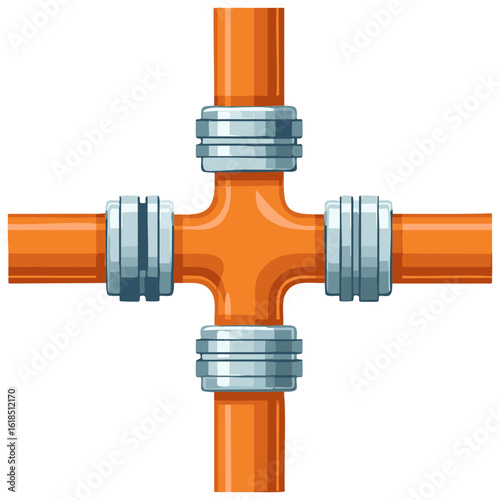 Orange industrial pipe cross connector illustration plumbing system
