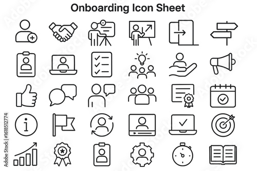 Onboarding Icon Sheet: A detailed collection of onboarding icons, perfect for illustrating various stages of new employee integration and the different areas in business.