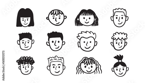 Kids faces portraits set. freehand kids pencil drawing elements. Comic child funny doodle faces set.