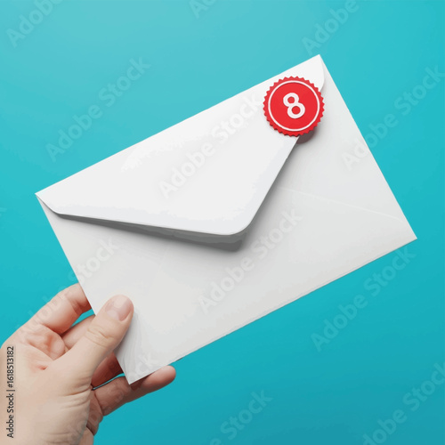 Vector illustration of a hand holding an envelope with a notification badge indicating eight unread emails