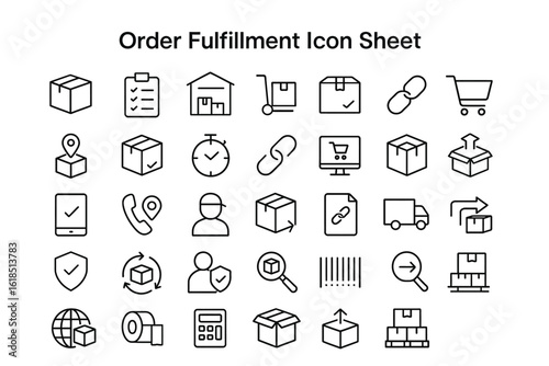 Digital Order Fulfillment Icon Sheet: A comprehensive sheet showcasing various icons associated with order fulfillment processes. Emphasizing the efficient logistics. 