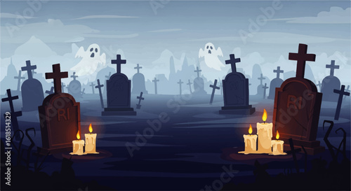 Haunted Graveyard Illustration with Spooky Ghosts Gravestones and Burning Candles at Night.