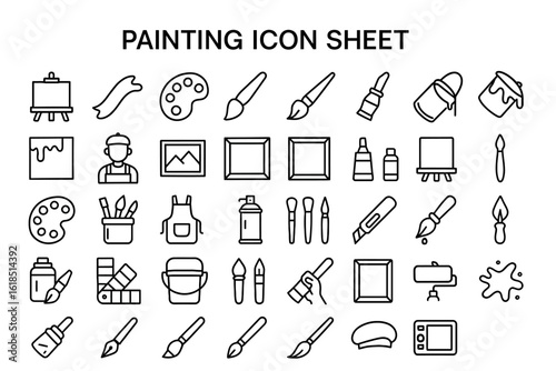 Artistic Icon Array: A comprehensive array of clean, linear icons representing various aspects of painting, offering a concise visual guide for artists and art enthusiasts.