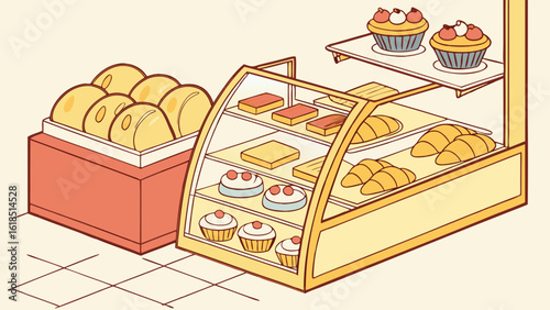 Adorable Isometric Illustration of a Bakery Display Case Filled with Delicious Pastries and Cakes, Sweet Treats, Cartoon Style
