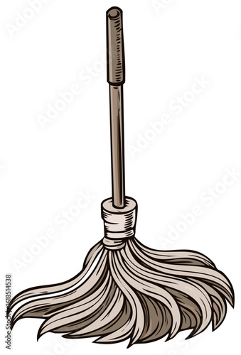 Illustration of a string mop with a wooden handle for cleaning floors and absorbing liquid messes