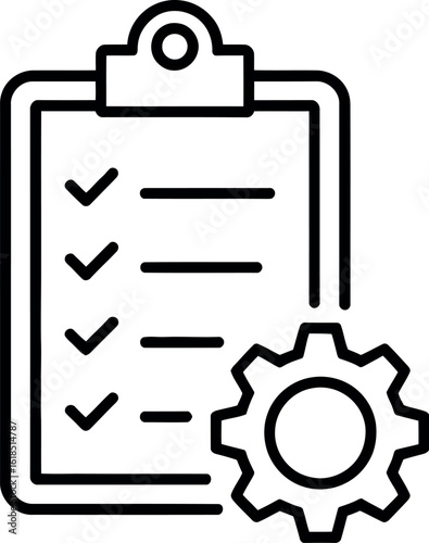 Clipboard checklist with gear icon for process management and task completion