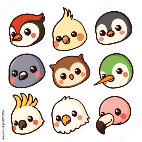 Cute Bird Faces Vector Set – Cartoon Clipart for Kids & Stickers