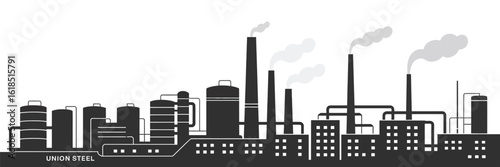 Oil refinery and industrial factories silhouette background with gas tanks, towers, and complex pipe systems

