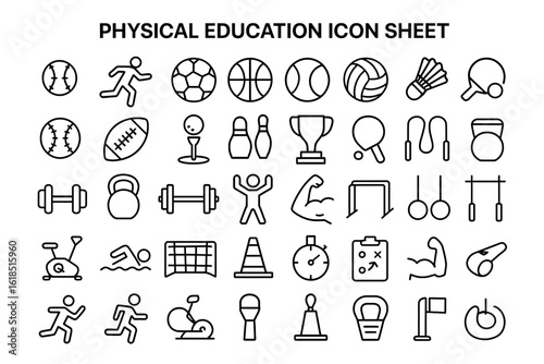 Physical Education Icons Set: A comprehensive collection of black and white physical education icons, representing various sports and activities.