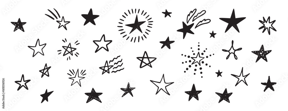 Naklejka premium Funny stars doodle hand drawn icon set. Outline drawing stars line clipart symbol collection