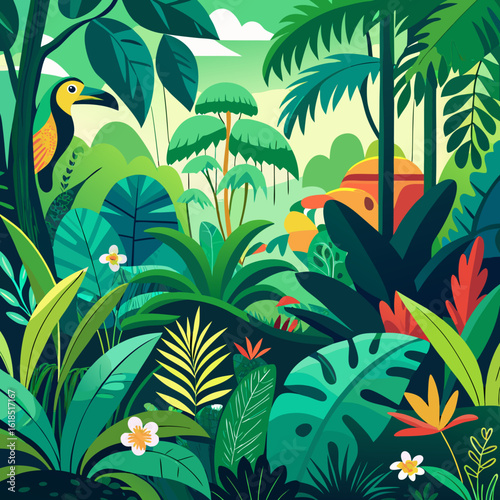 Lush tropical jungle landscape with vibrant foliage and toucan  