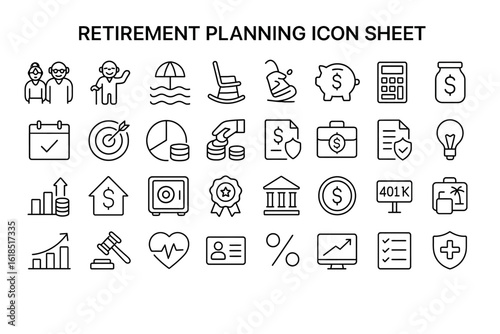 Retirement Planning Icon Sheet: A comprehensive collection of minimalist icons, perfectly illustrating the various facets of retirement planning, financial security.