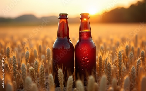 Two bottles of dark beer are standing in a field among the grain crops of barley and rye. Refreshing beer in dark brown bottles. International Beer Day. High quality