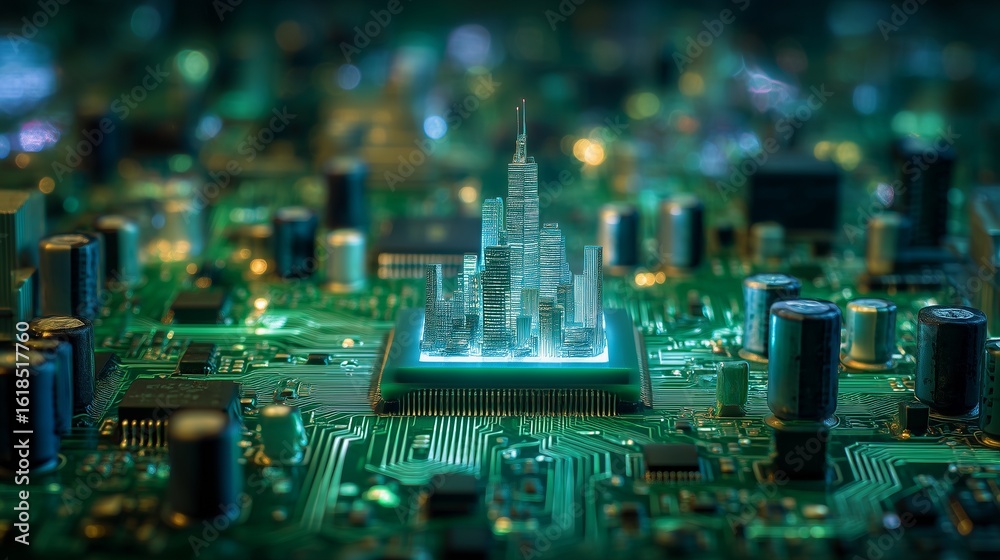 Obraz premium Futuristic Cityscape on Printed Circuit Board with Central CPU Chip