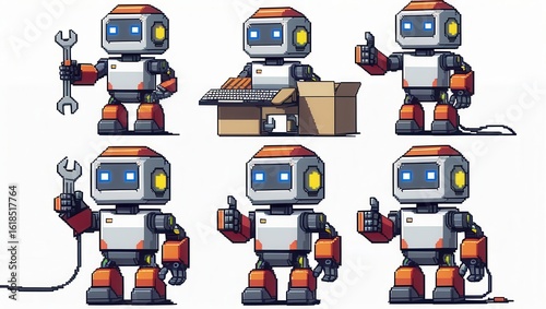 Pixel art robots in various poses holding tools and giving thumbs up illustration