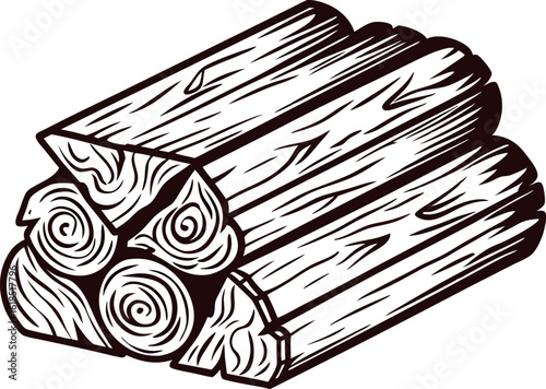 Hand drawn illustration of stacked firewood logs in vintage engraving on white background