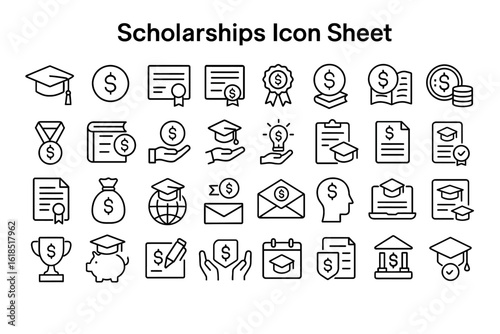 Scholarship Icons: A collection of line art icons representing the various aspects of educational financial aid, including graduation caps, money symbols, and certificates.