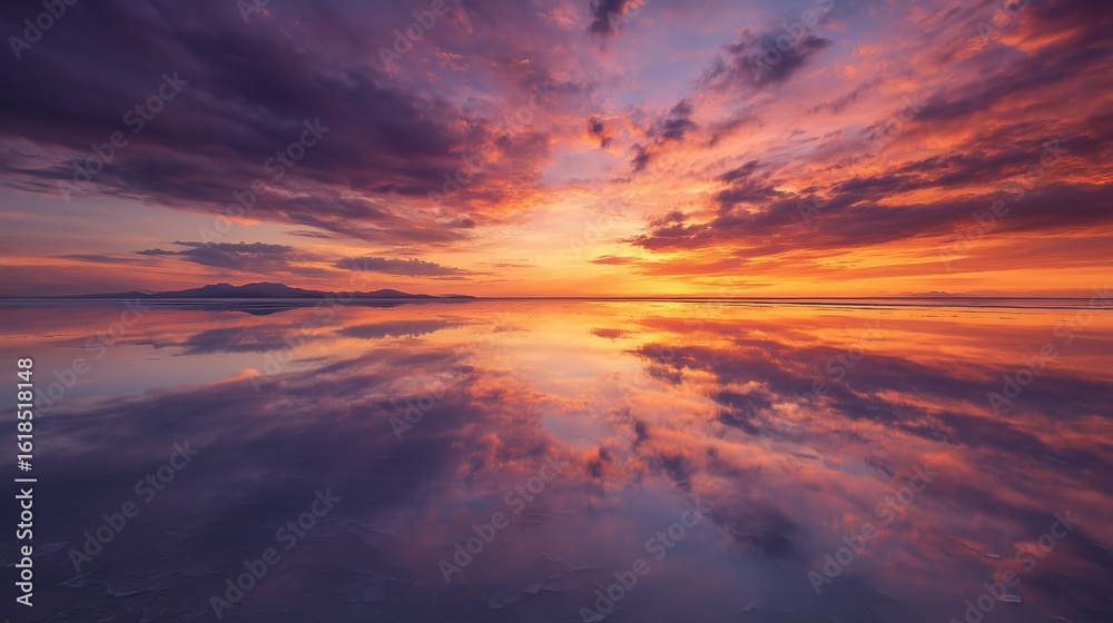 Fototapeta premium Mirror-like Salt Flat at Sunset with Reflective Sky and Clouds