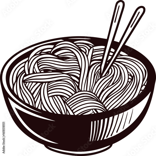 Hand drawn bowl of noodles with chopsticks illustration in vintage engraved sketch