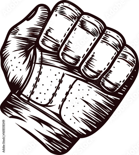 Detailed vintage engraved illustration of a clenched human fist in front view isolated on white background