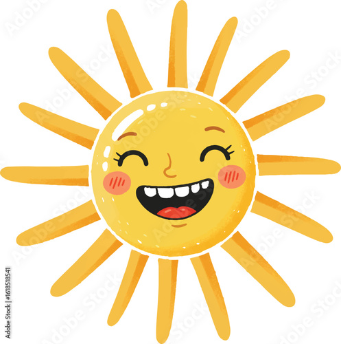 Cute Cartoon Sun Character — Smiling Yellow Face with Rosy Cheeks, Sunshine Rays, and Playful Emotions for Kids’ Summer Design and Positive Vector Illustrations