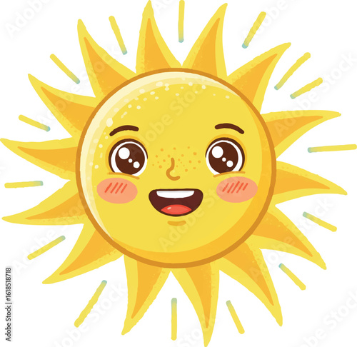 Cute Cartoon Sun Character — Smiling Yellow Face with Rosy Cheeks, Sunshine Rays, and Playful Emotions for Kids’ Summer Design and Positive Vector Illustrations