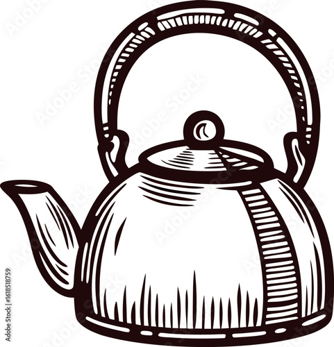 Hand drawn vintage metal kettle illustration with curved handle and spout isolated on white background