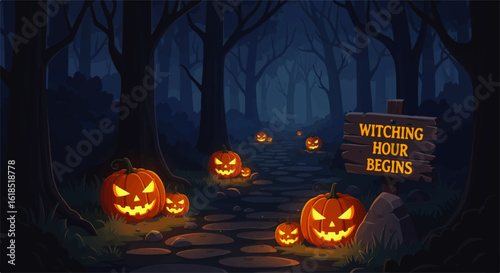 Halloween Pumpkins with Glowing Faces in a Dark Forest Scene.