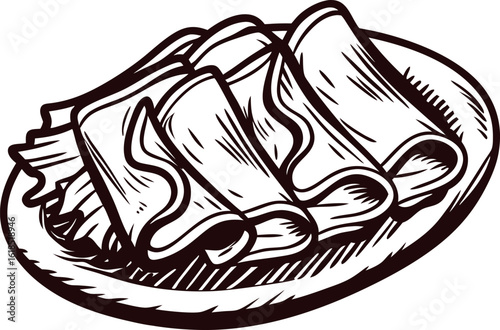 Hand drawn illustration of traditional enchiladas served on plate with sauce garnish