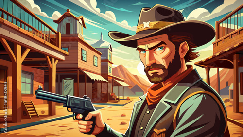 This portrait of cowboy, cowboy duel or gunfight, sheriff aiming with gun, western movie scene in small American town in wild west blends dusty streets, drawn weapons, and semi-realistic drama perfect