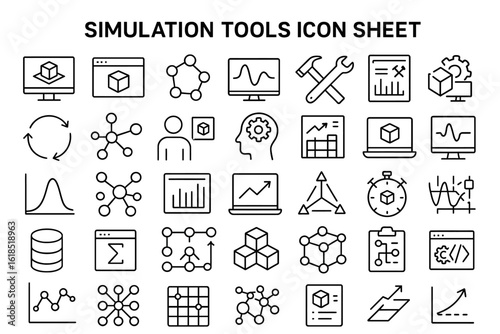 Simulation Tools Icon Sheet: A collection of minimalist, vectorized icons representing diverse simulation tools, encompassing various aspects of technology, research, and data analysis.