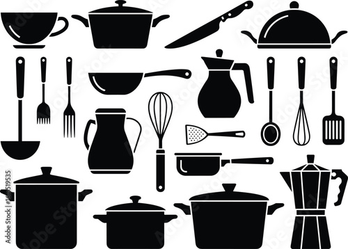 Black and white kitchen utensils and cooking equipment silhouettes on a white background
