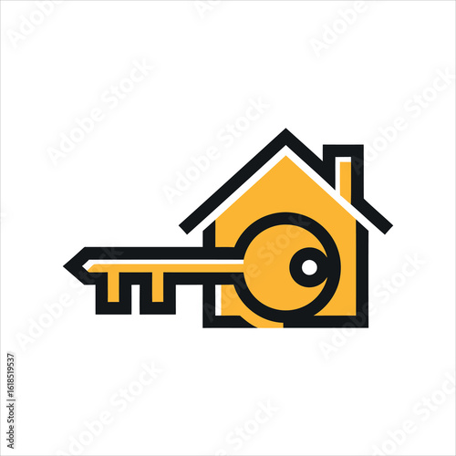 Yellow house icon with black outline and a key symbol inside home real estate
