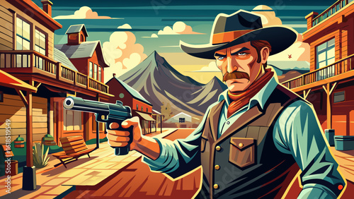 This portrait of cowboy, cowboy duel or gunfight, sheriff aiming with gun, western movie scene in small American town in wild west blends dusty streets, drawn weapons, and semi-realistic drama perfect