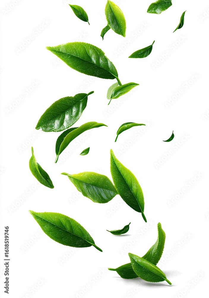 Naklejka premium Vibrant green tea leaves, various sizes, falling against a stark white background, exhibiting motion blur and subtle shadows