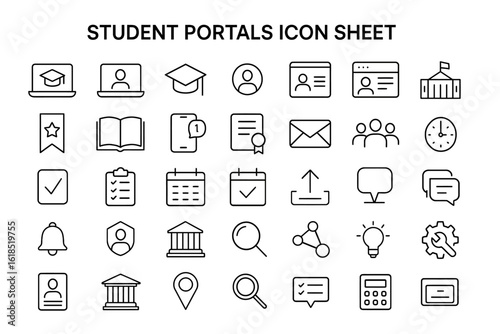 Student Portal Icons: A comprehensive set of black and white line icons, representing various functionalities associated with student portals, ideal for web design and educational applications.