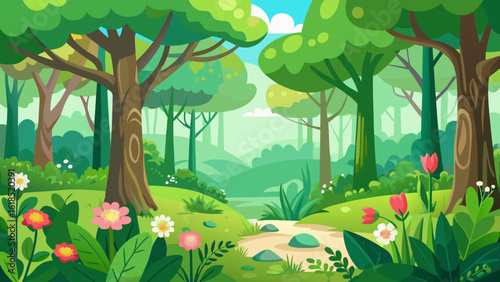 Vector art of a gentle forest path winds through vibrant greenery and blooming wildflowers under a bright sky